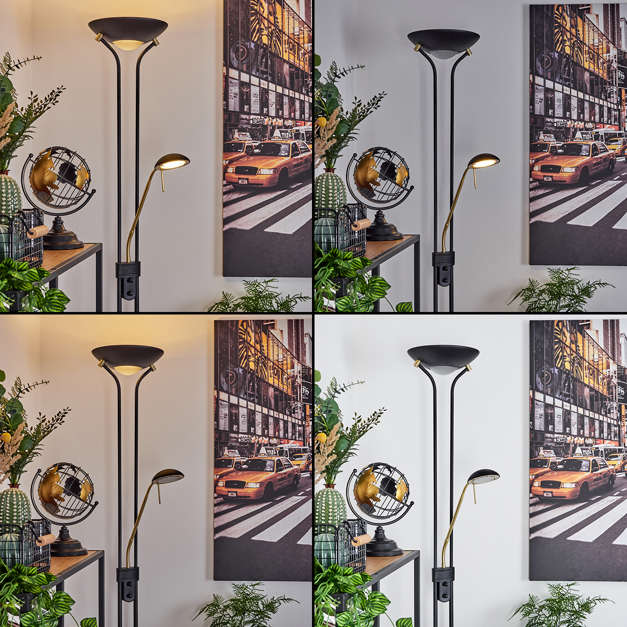 Ein Stehleuchten-Set mit zwei Lampen und einem Globus auf einem Regal, New York Taxi-Bild im Hintergrund.
