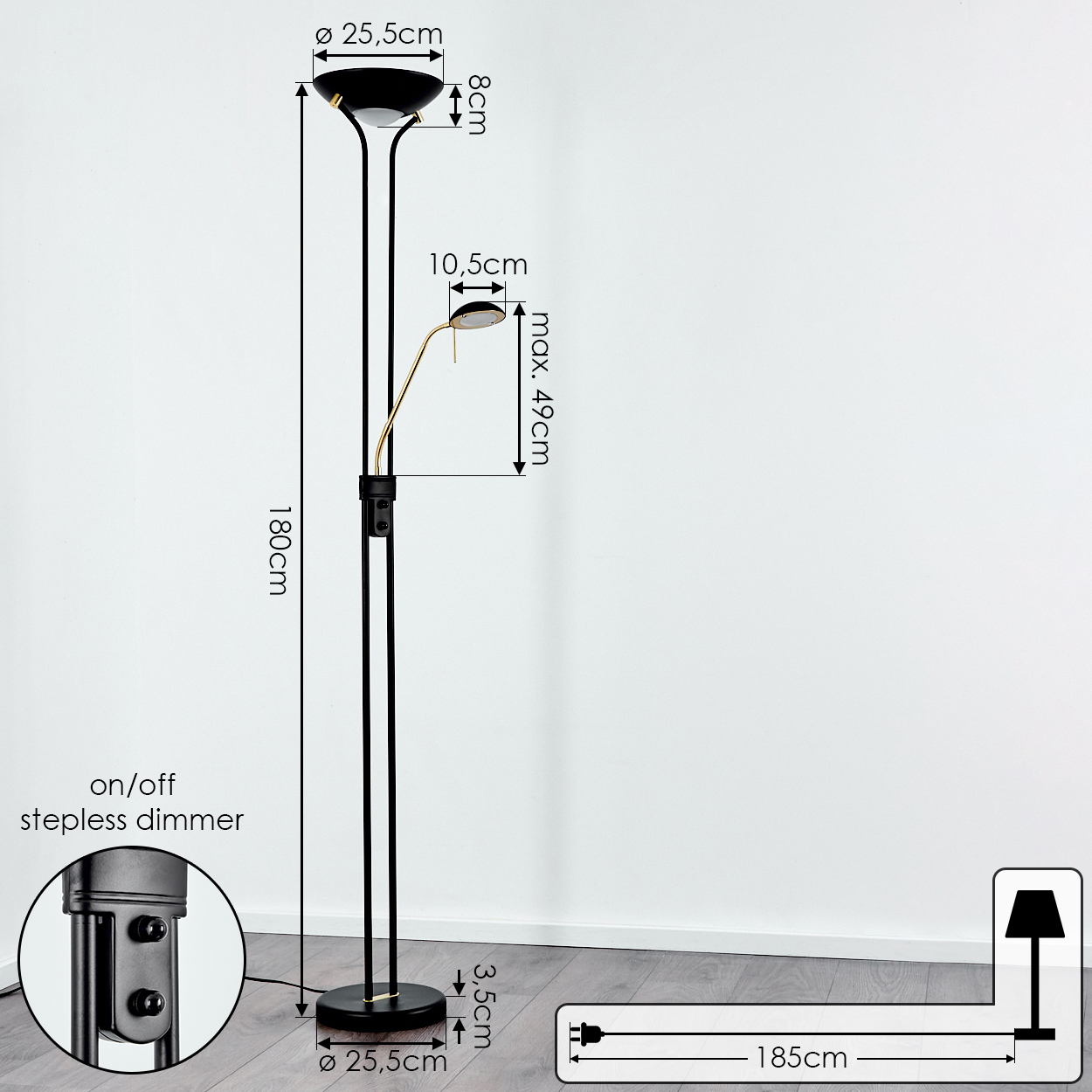 Schwarze Stehlampe, 180cm hoch, mit verstellbarem Leselicht und Dimmer.
