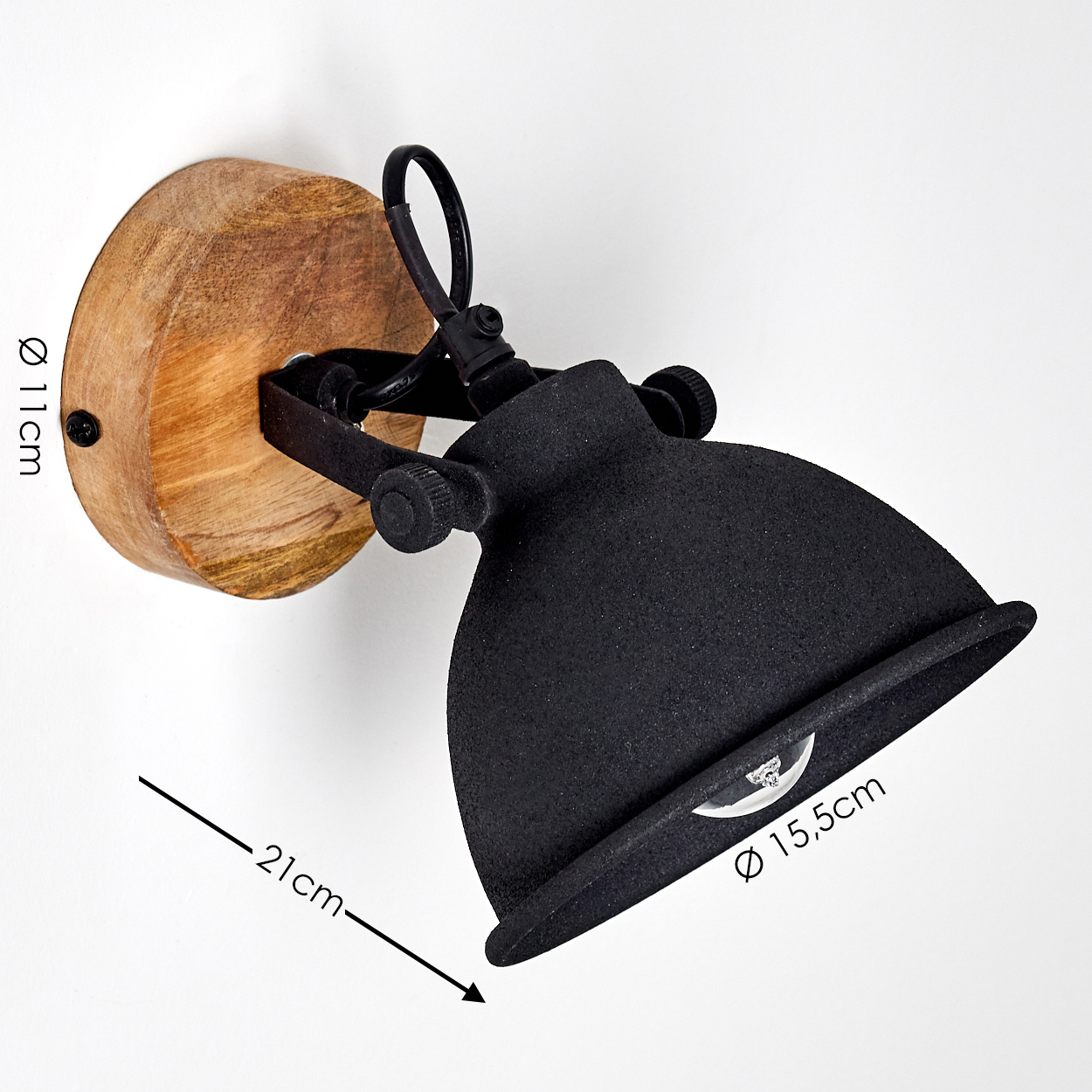 Schwarzer Wandspot mit Holzsockel, 11cm Durchmesser.