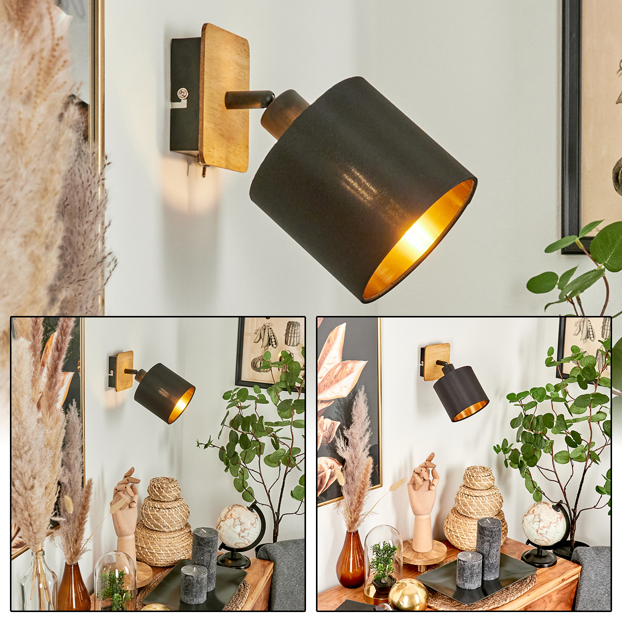 Moderne Wandleuchte mit Holz und schwarzem Schirm, beleuchtet.