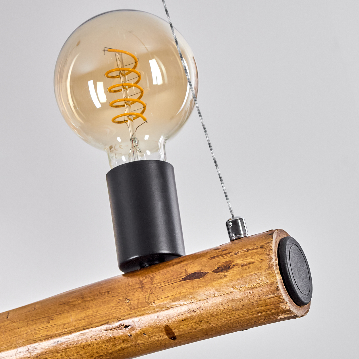 Eine Edison-Glühbirne mit schwarzem Sockel hängt an einem Draht über einem Bambusrohr.