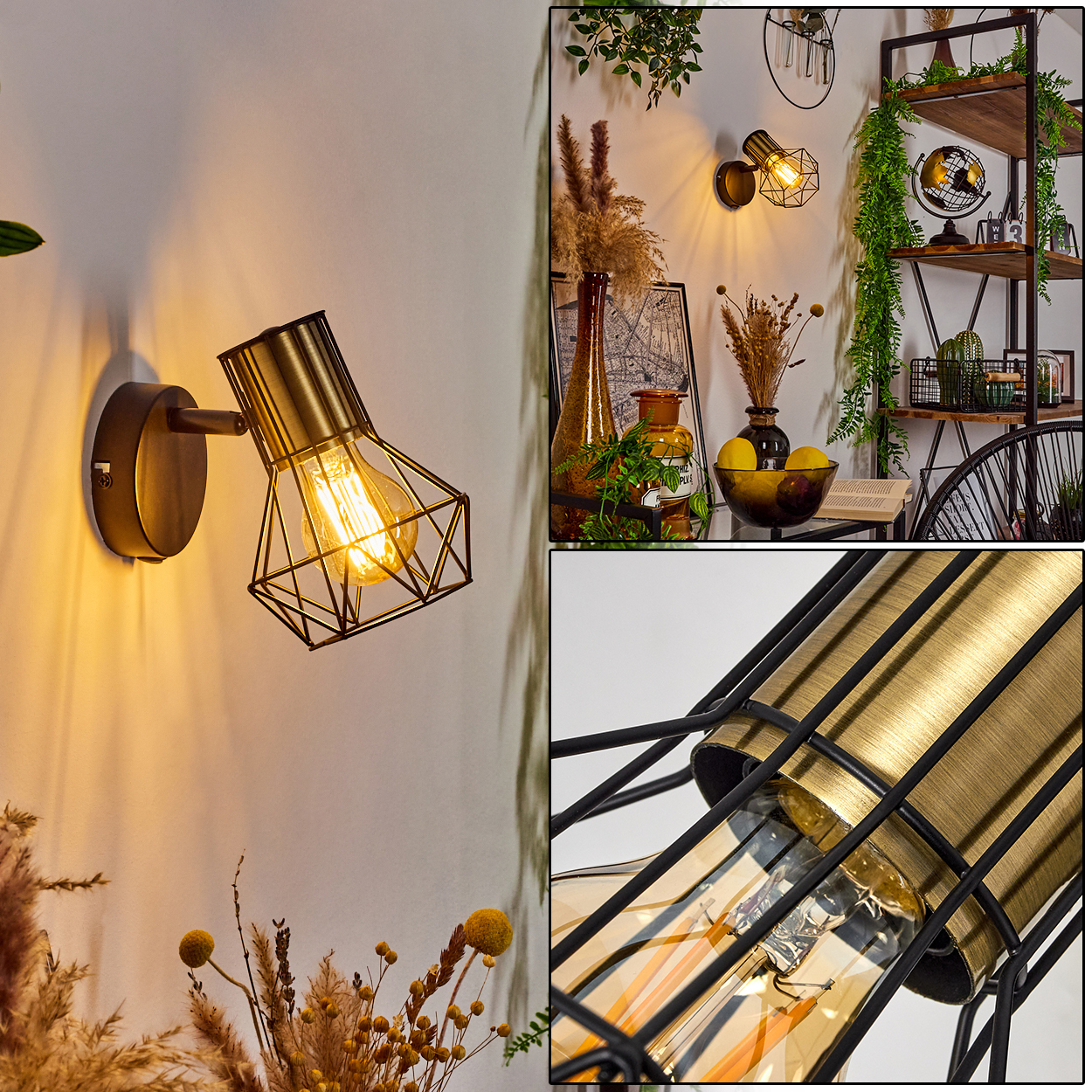 Eine goldene Wandleuchte mit schwarzem Drahtkäfig und sichtbarer Glühbirne.