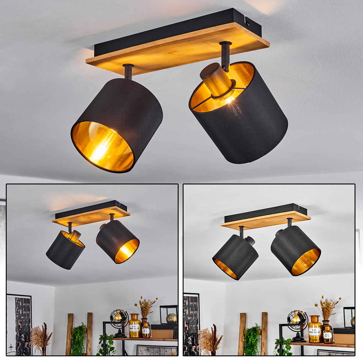 Deckenleuchte mit Holz und schwarzem Stoff, goldener Innenseite.
