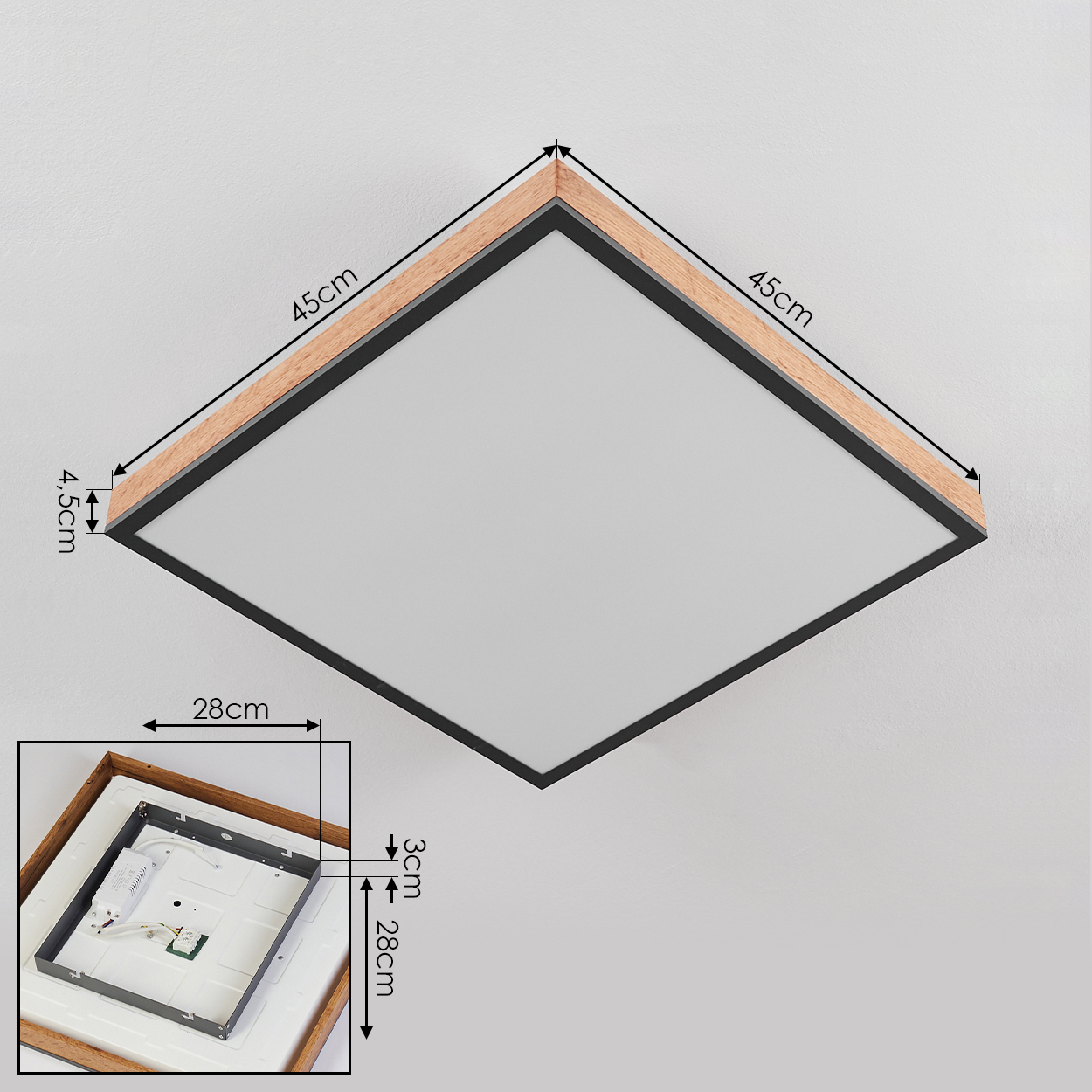 Quadratische Deckenleuchte mit Holzrahmen, 45x45cm, 4,5cm hoch.