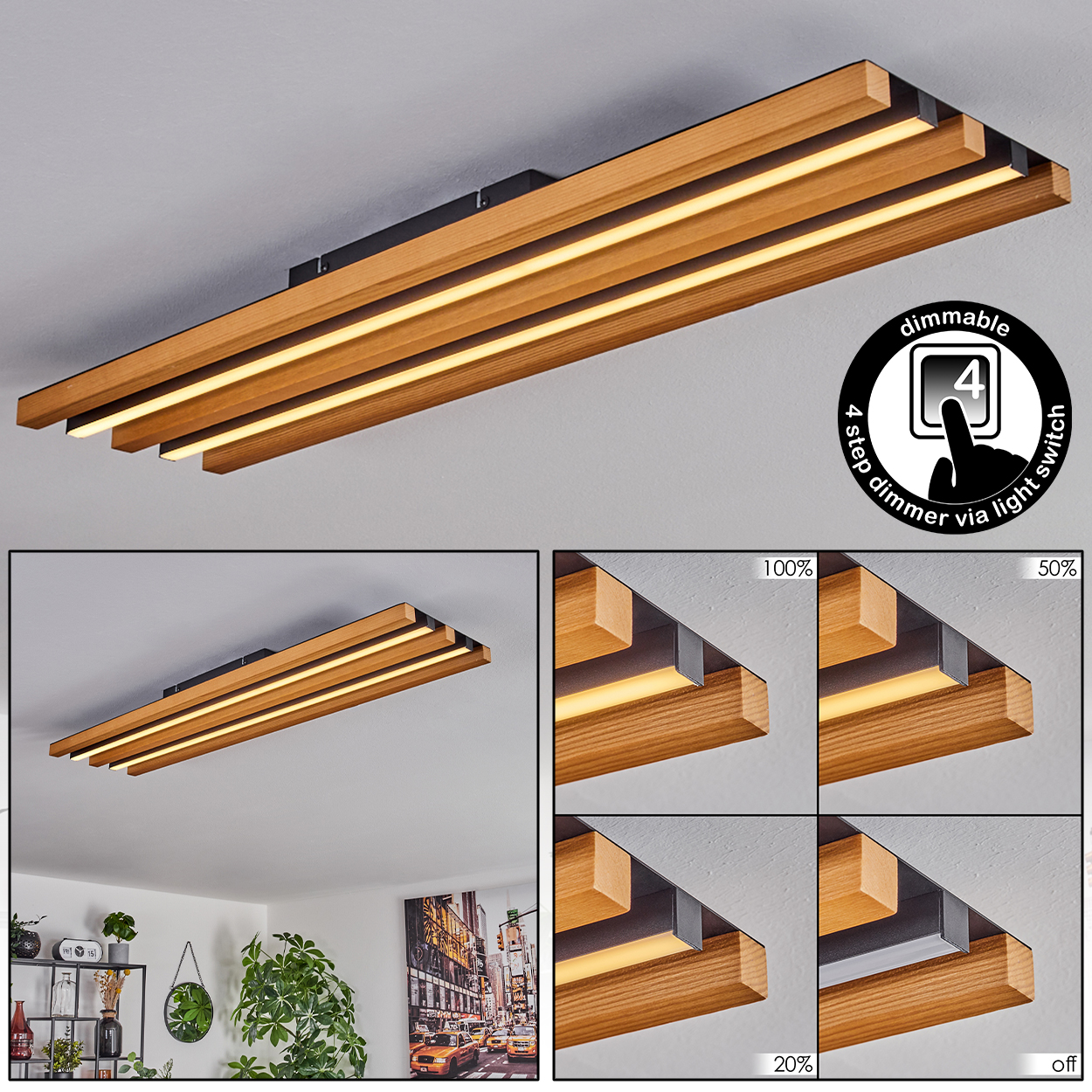 Deckenleuchte aus Holz mit integrierten LED-Streifen, dimmbar in 4 Stufen.