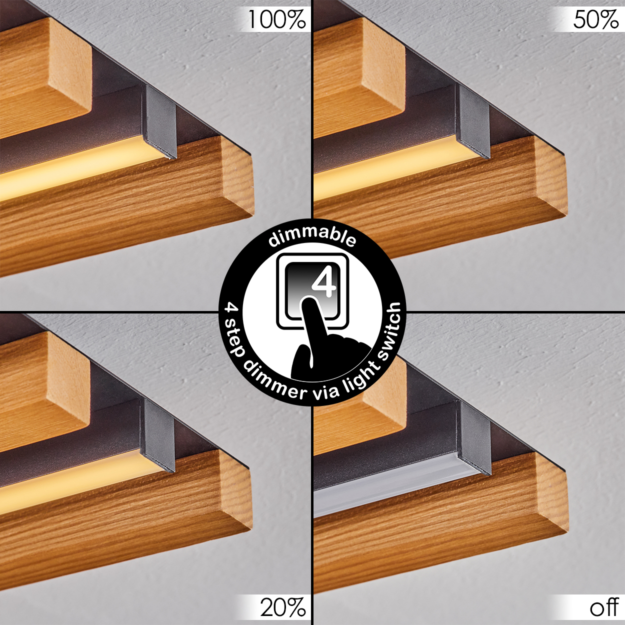 Holzleuchte mit 4-stufigem Dimmer: 100%, 50%, 20%, aus.