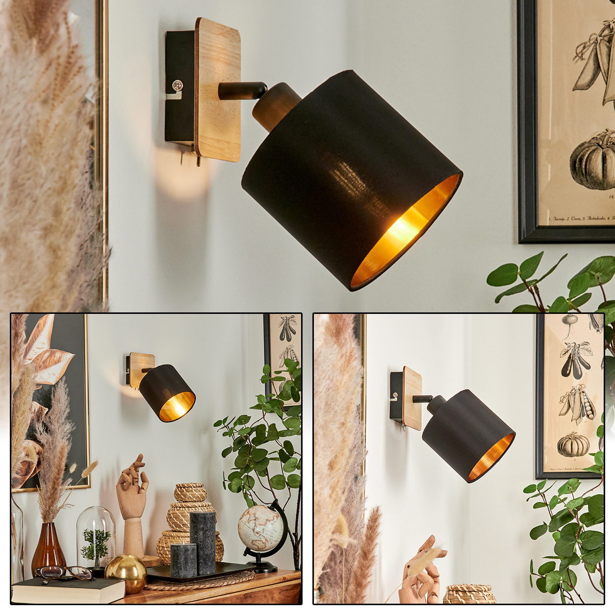 Ein schwarzer Wandspot mit Holzakzenten leuchtet golden.