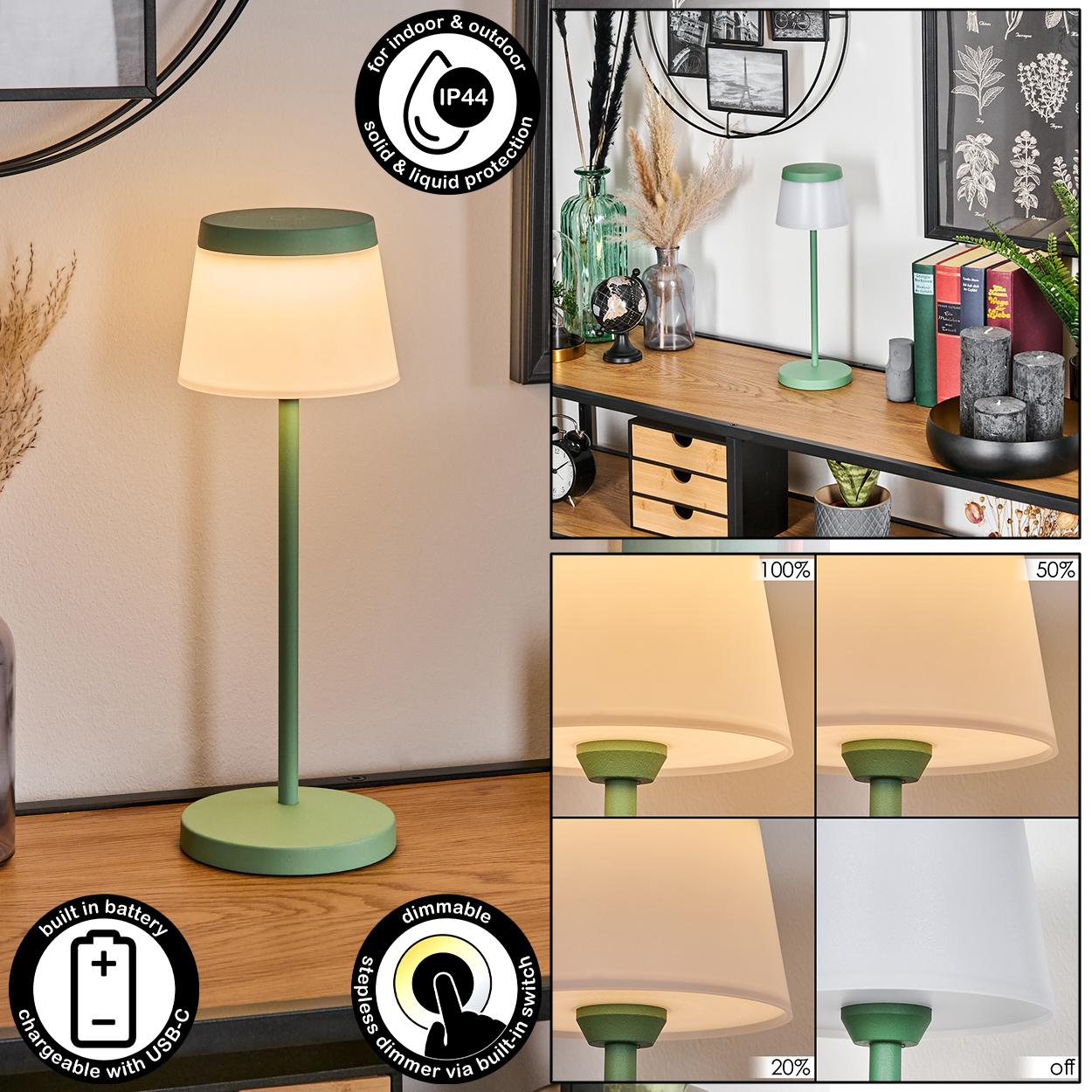 Grüne Lampe mit weißem Lampenschirm, dimmbar, USB-C aufladbar, IP44.