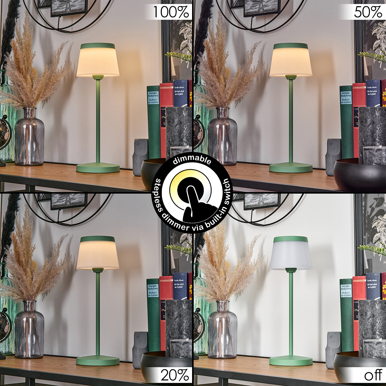 Vier Ansichten einer grünen Lampe bei unterschiedlicher Helligkeit auf einem Regal.