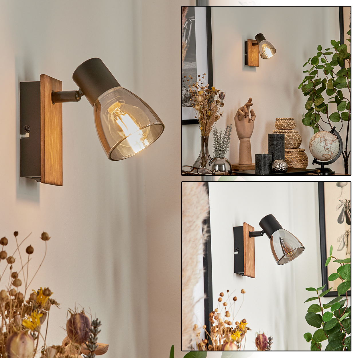 Ein Wandstrahler mit Holzbasis und Glasdiffusor beleuchtet den Raum.