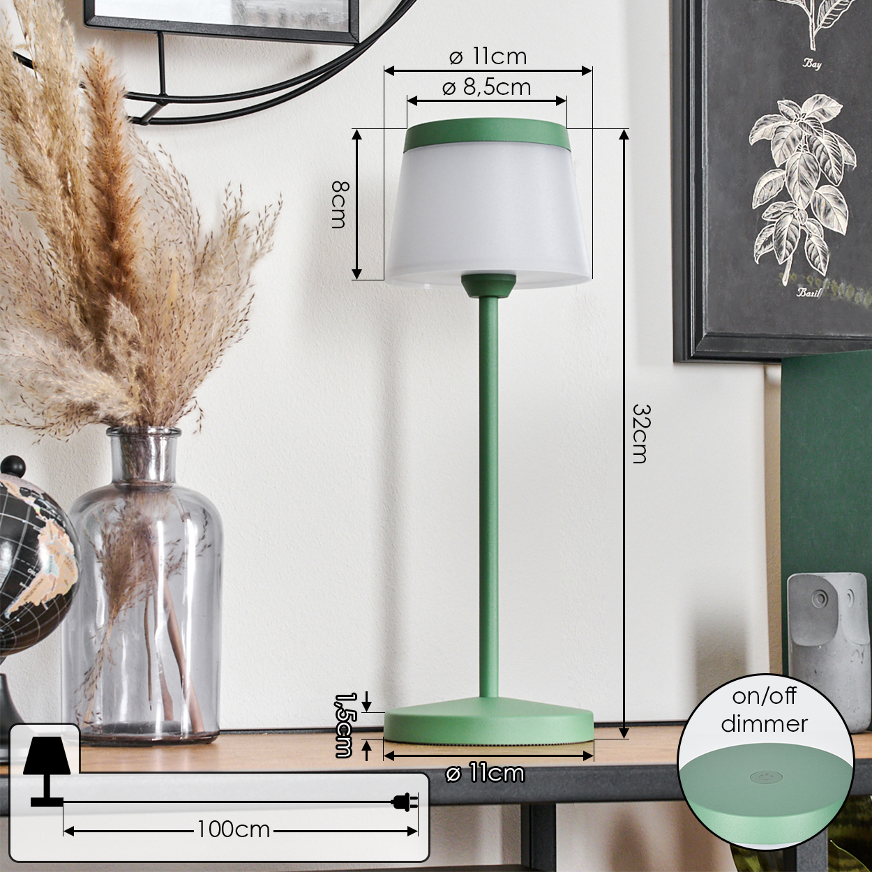 Grüne Nachttischlampe mit weißen Schirm, Maße 32cm hoch, Ø 11cm.
