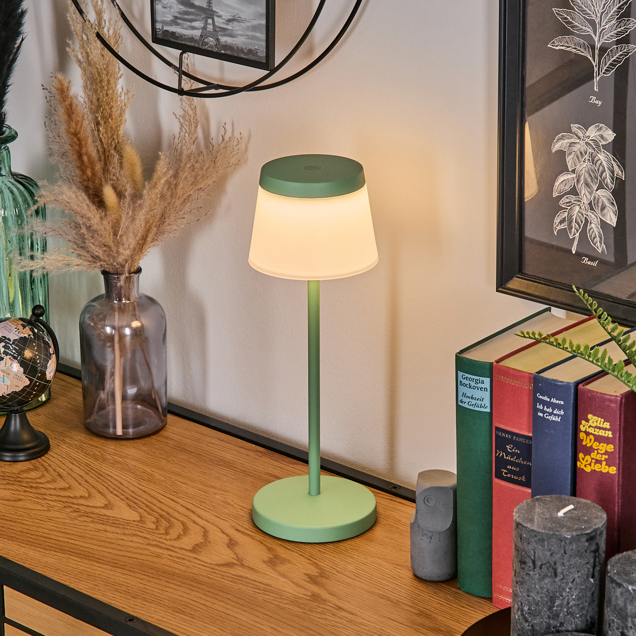 Eine grüne Lampe und Bücher auf einem Holztisch. Pflanzen und ein Globus sind zu sehen.