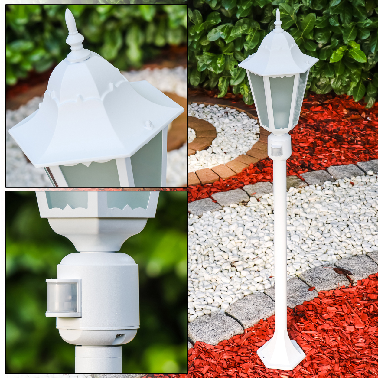 Weiße Außenlampe mit Bewegungsmelder in einem Garten mit roten Rindenmulch.