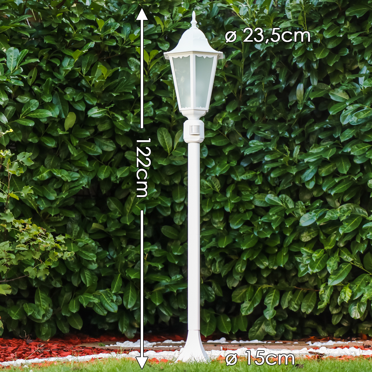 Weiße Gartenlaterne 122cm hoch, Ø 23,5cm Laterne, Ø 15cm Sockel.