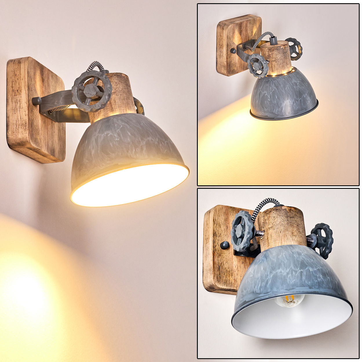 Industrielle Wandleuchte mit Holzsockel, grauer Metallschirm und Ventilgriff.
