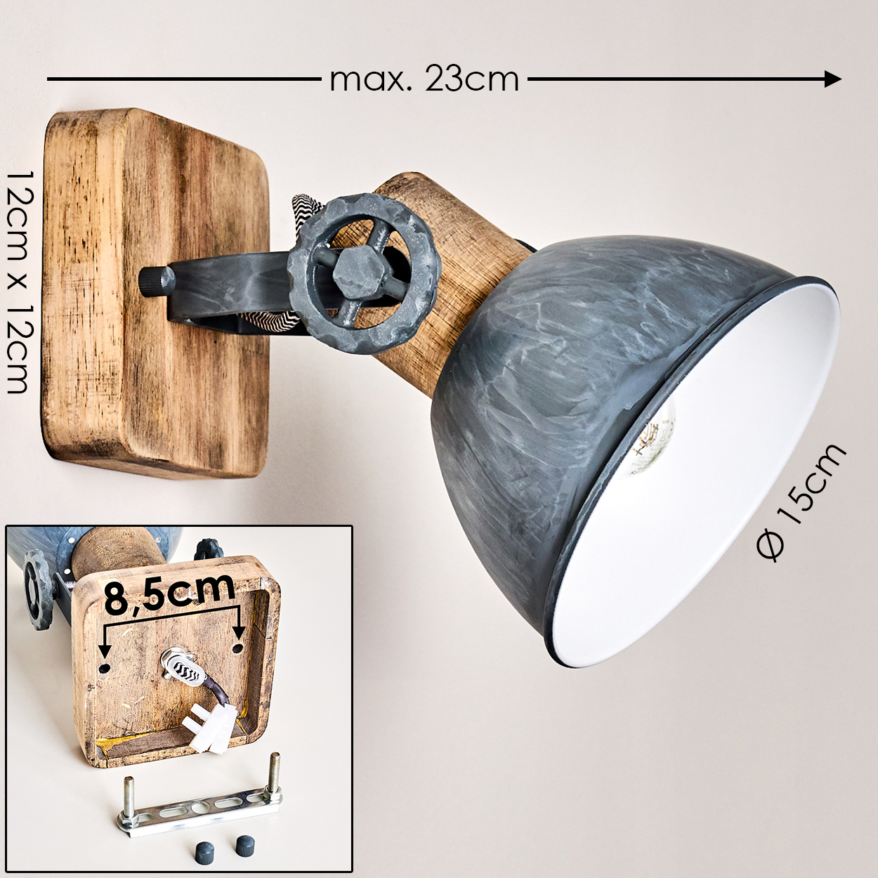Holz-Wandlampe mit grauem Schirm, max. 23cm breit, 12cm hoch.