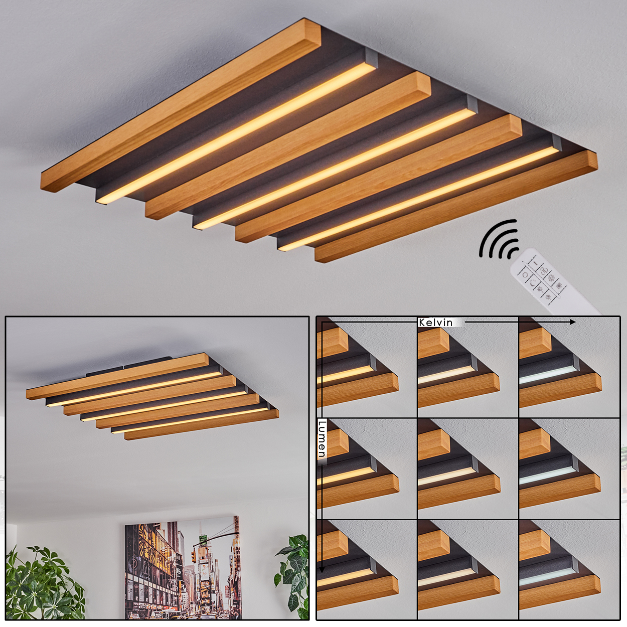 Deckenleuchte mit Holzlamellen und LED-Streifen, Fernbedienung im Bild.