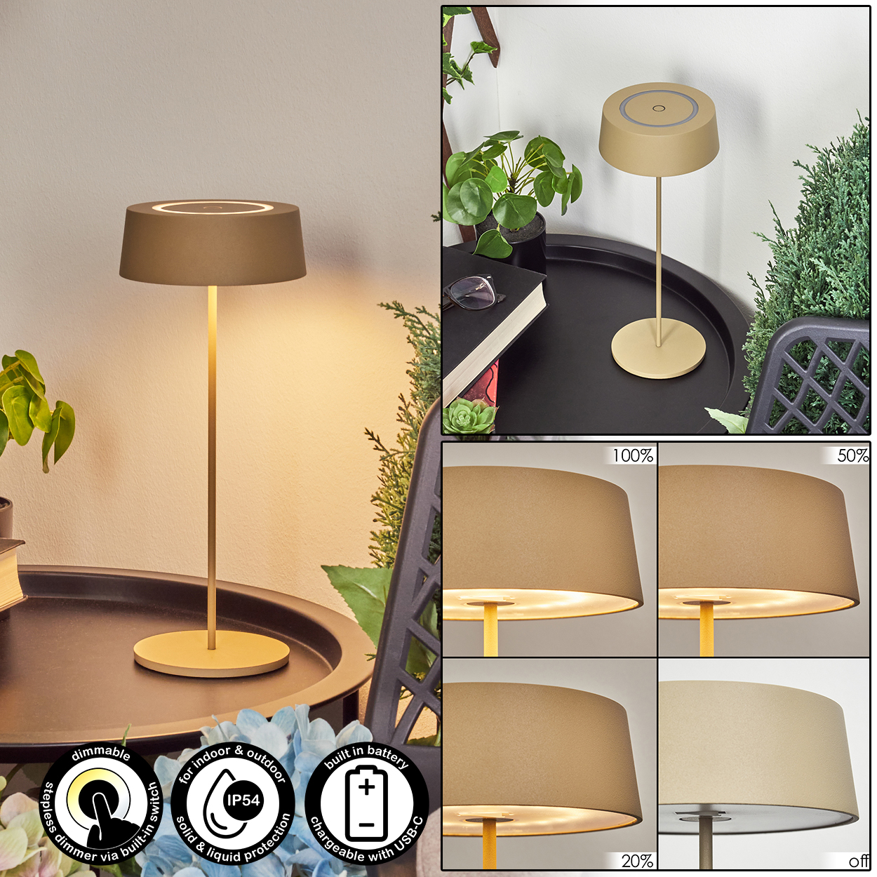 Eine goldene Tischlampe mit rundem Schirm, die auf einem Tisch steht.