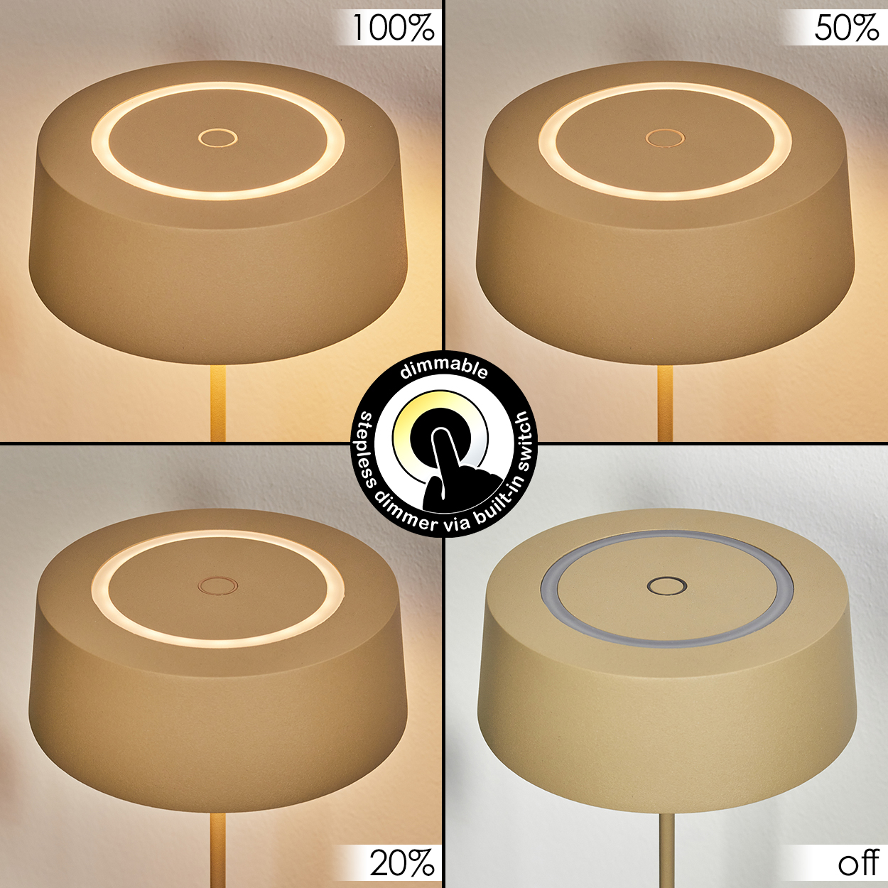 Ein Nachttischlampe in vier Helligkeitsstufen: 100%, 50%, 20% und Aus.