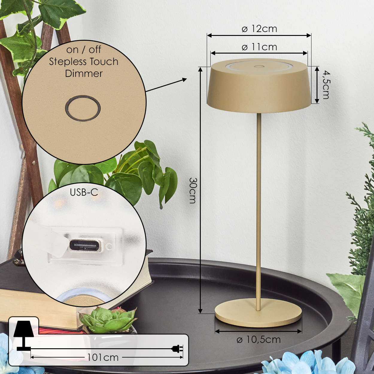 Eine goldene Tischlampe mit USB-C-Anschluss und Touch-Dimmer.