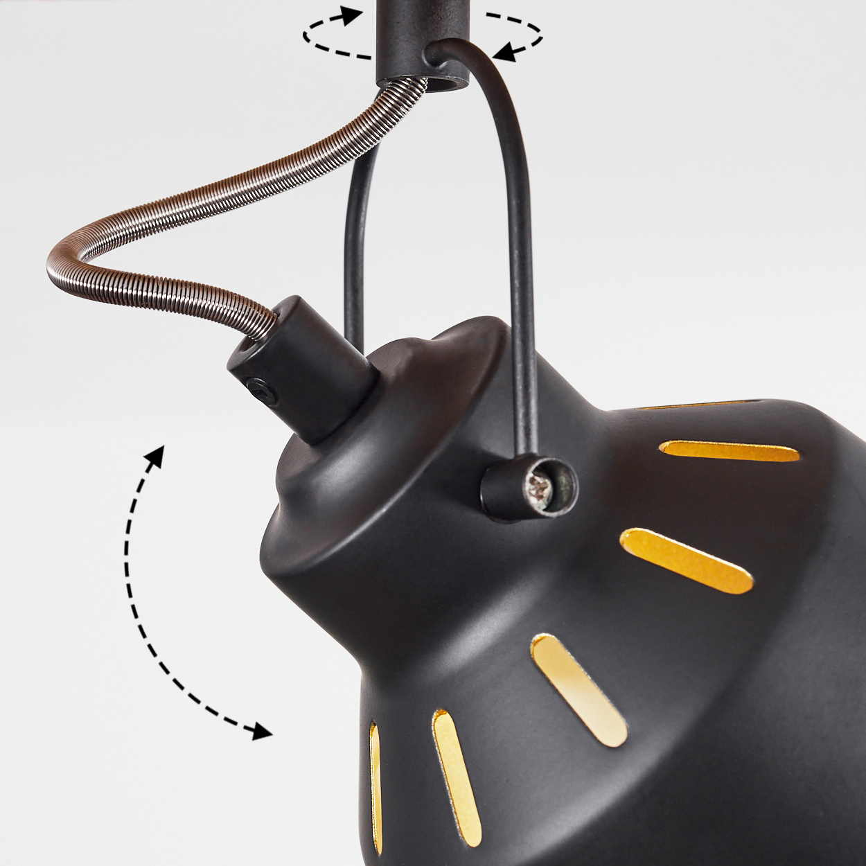 Schwarze Lampe mit flexibler Feder und verstellbarem Gelenk.