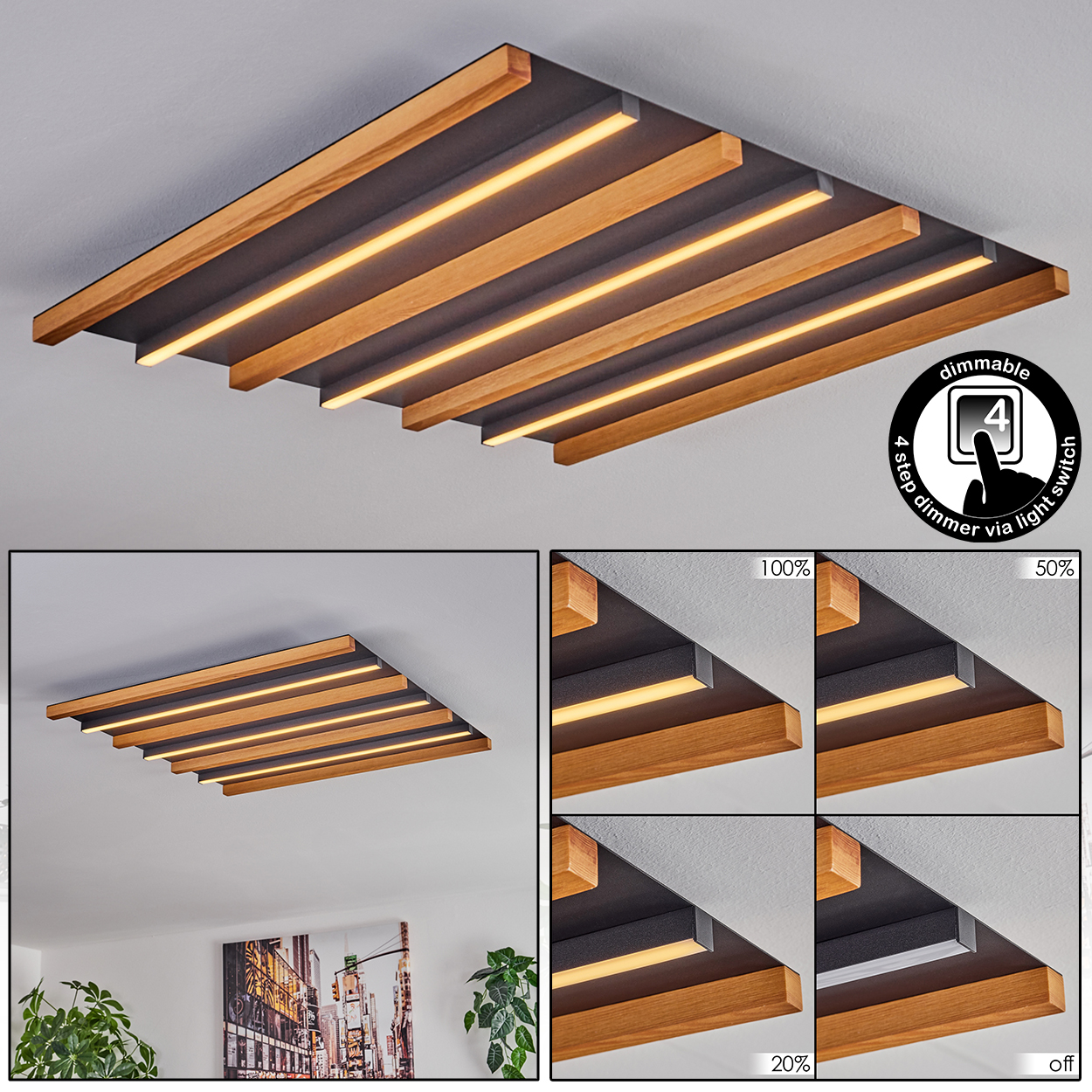 Moderne Deckenleuchte mit Holzlamellen und LED-Beleuchtung, dimmbar.