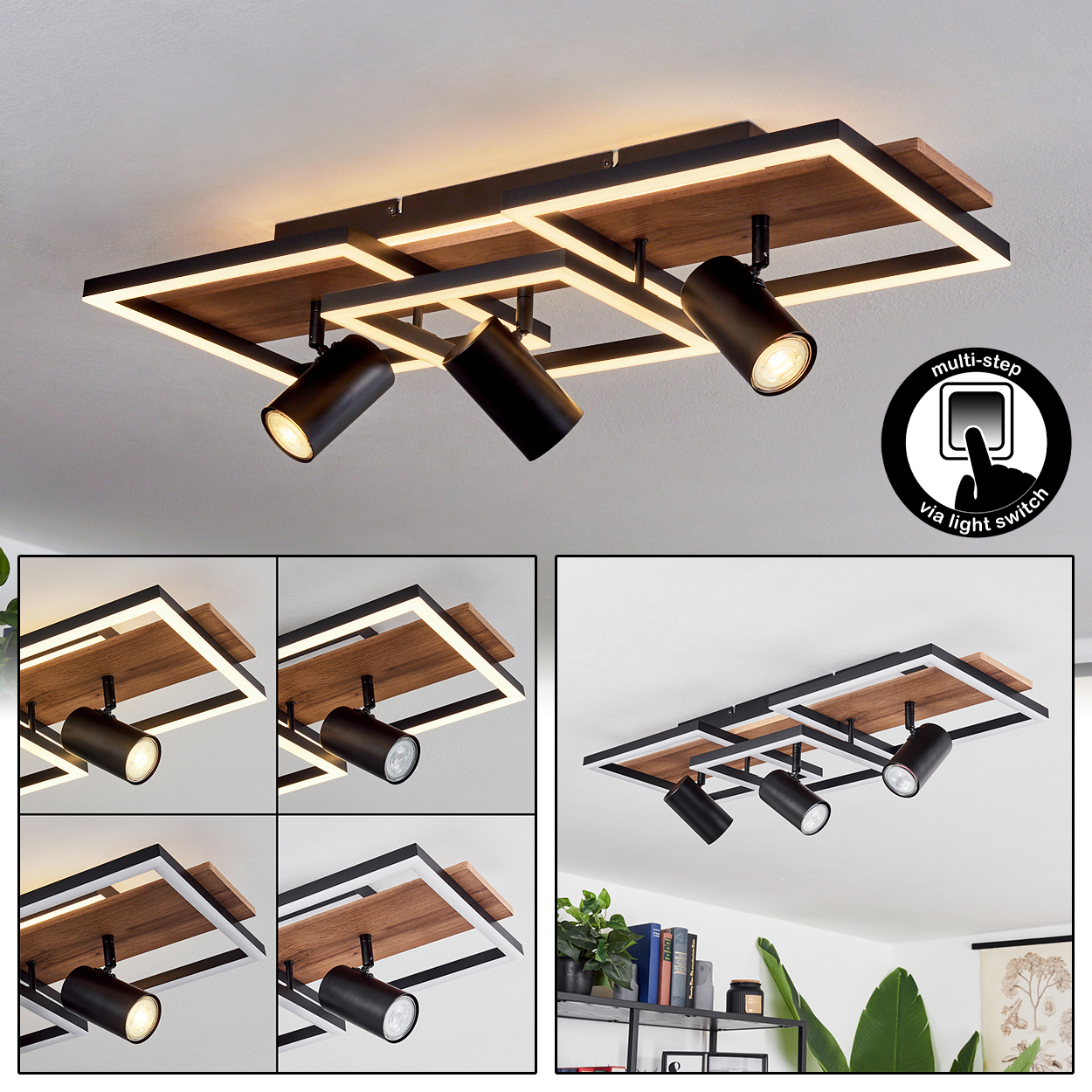 Deckenleuchte mit Holzakzenten, vier schwarzen Spots und LED-Rahmen.