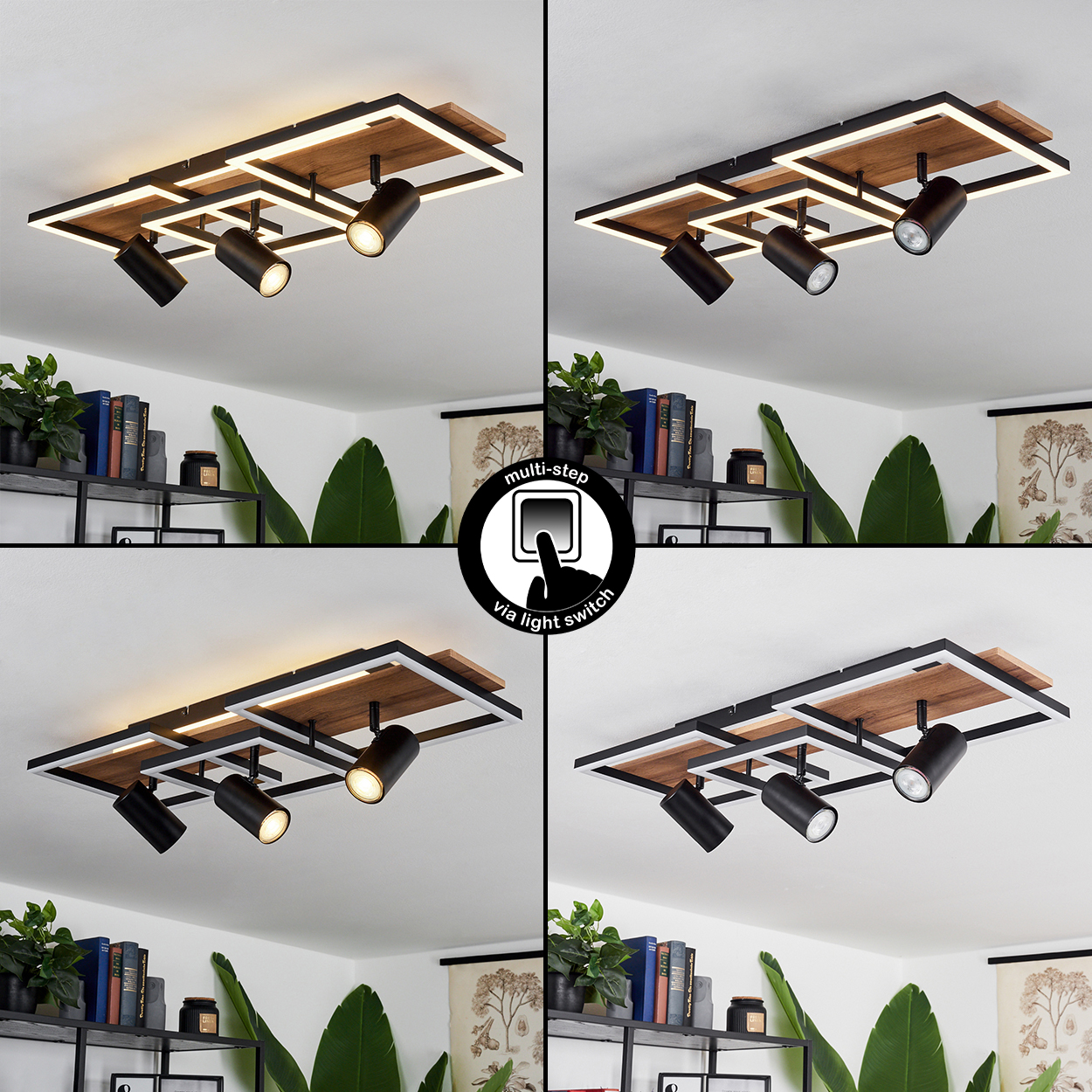 Moderne Deckenleuchte mit Holz- und Metallelementen, vier schwenkbaren Spots.