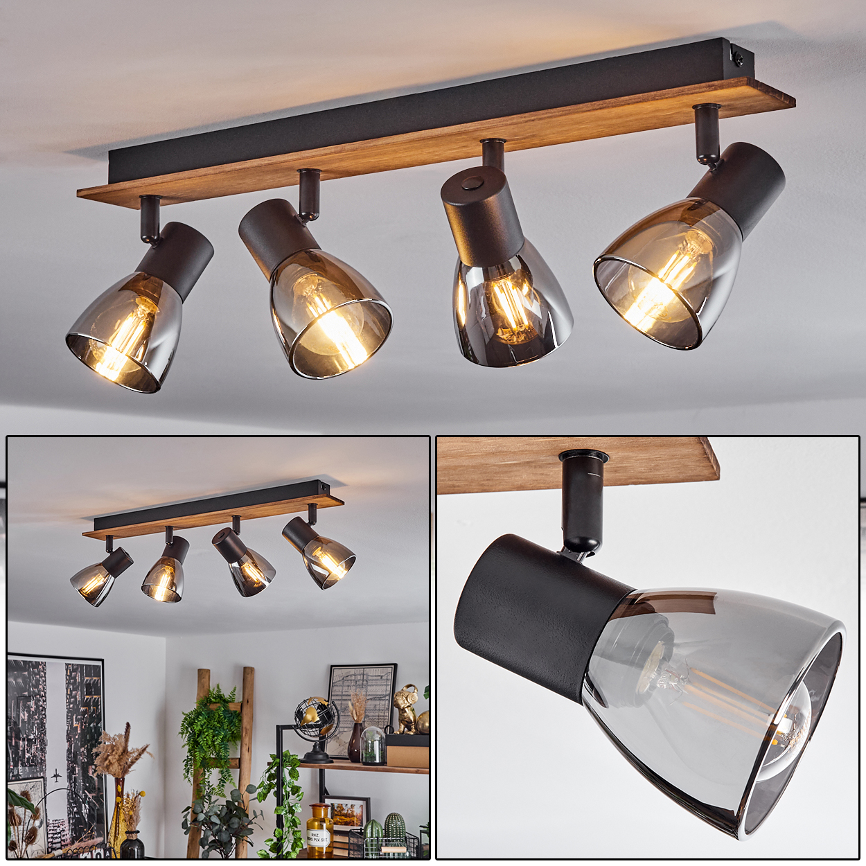 Eine Deckenleuchte mit vier schwenkbaren Lampenschirmen aus Rauchglas an einem Holz- und Metallgestell.