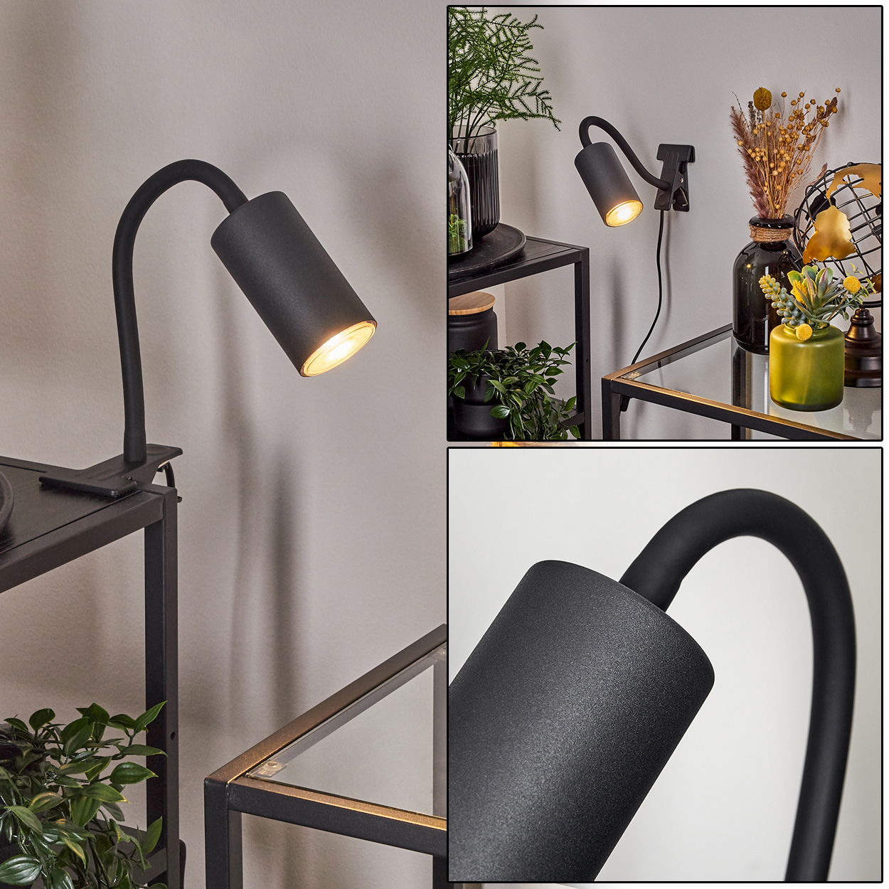 Schwarze Klemmleuchte mit flexiblen Arm auf einem Metallregal.