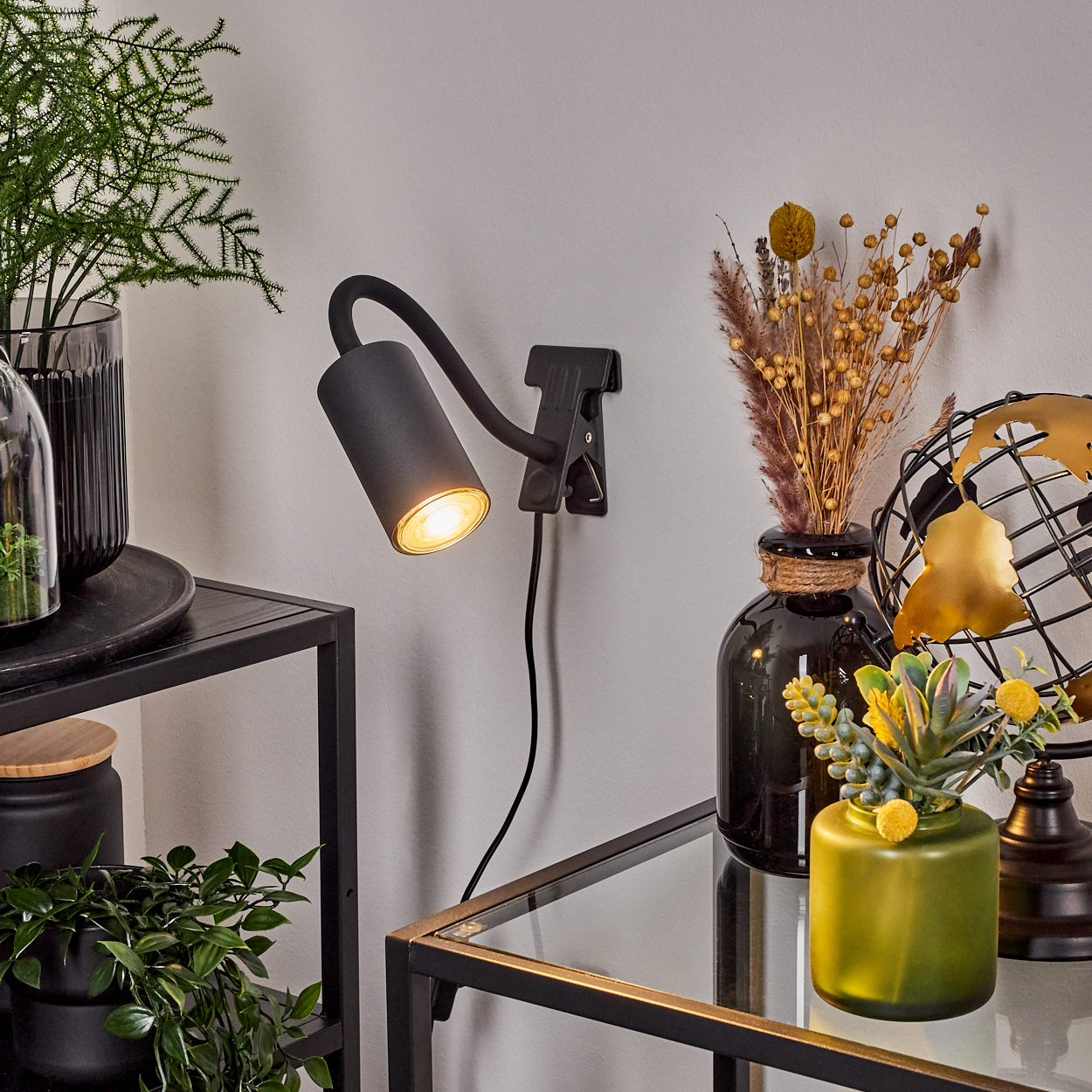 Eine schwarze Klemmleuchte beleuchtet eine Wand neben Pflanzen und Dekorationen.
