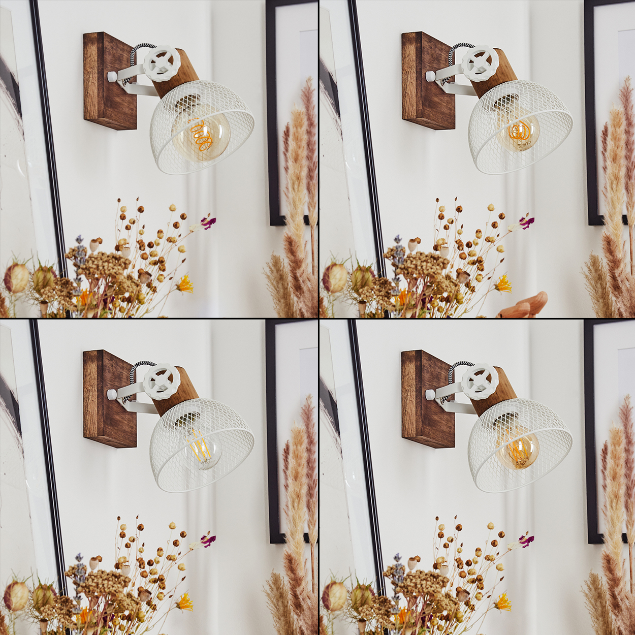 Ein Wandstrahler mit Holzsockel, weißem Lampenschirm und Glühbirne.