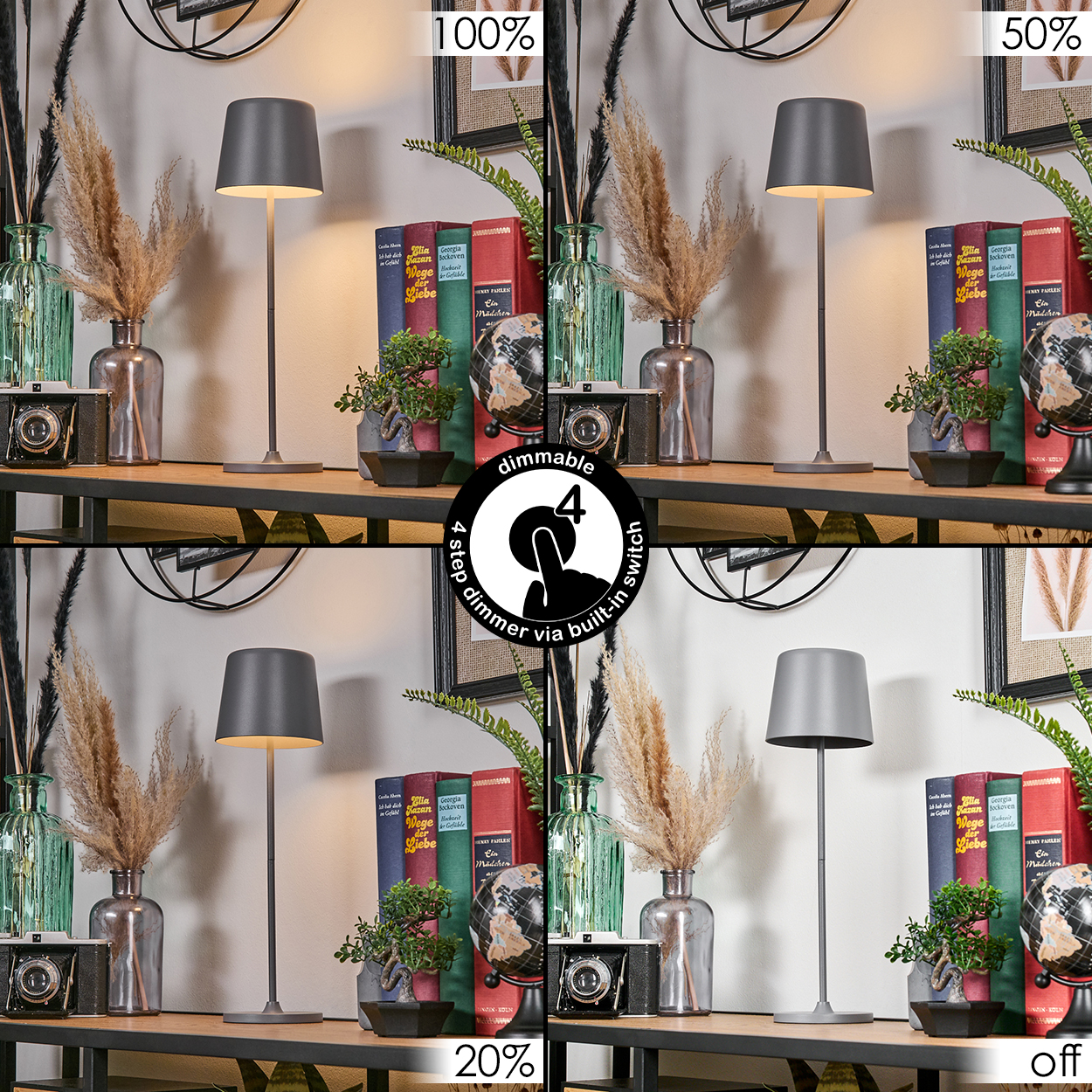 Ein Tischlampen-Display zeigt 4 Helligkeitsstufen: 100%, 50%, 20% und Aus.