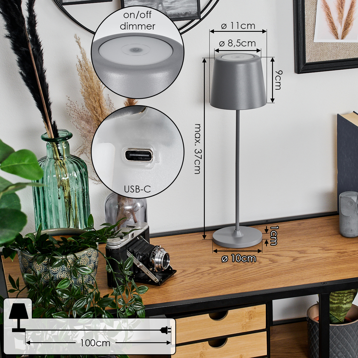 Graue Tischlampe mit USB-C, Maße 37cm hoch, 9cm Lampenschirm.