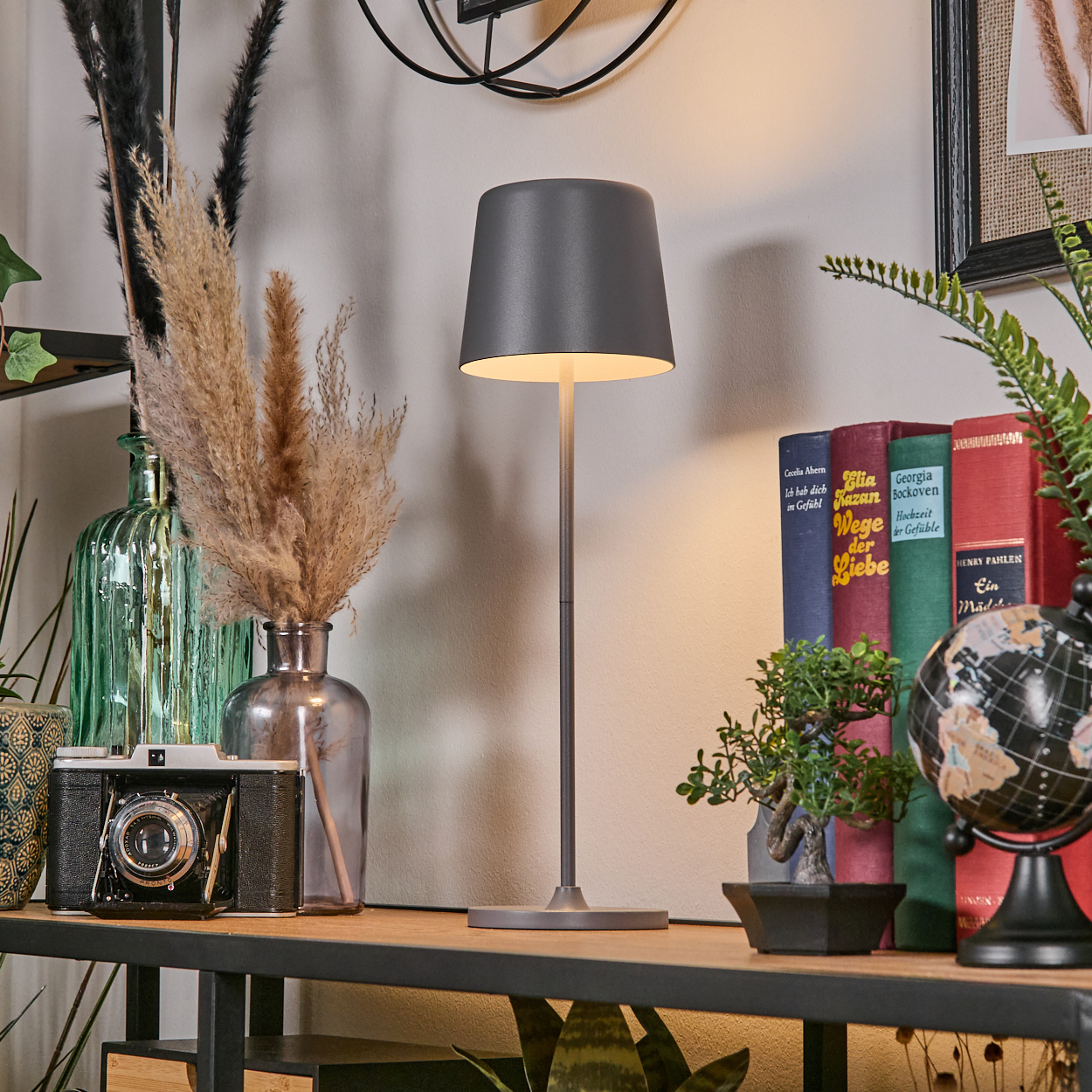 Ein moderner Tisch mit Deko: Lampe, Kamera, Bücher, Globus, Pflanzen.
