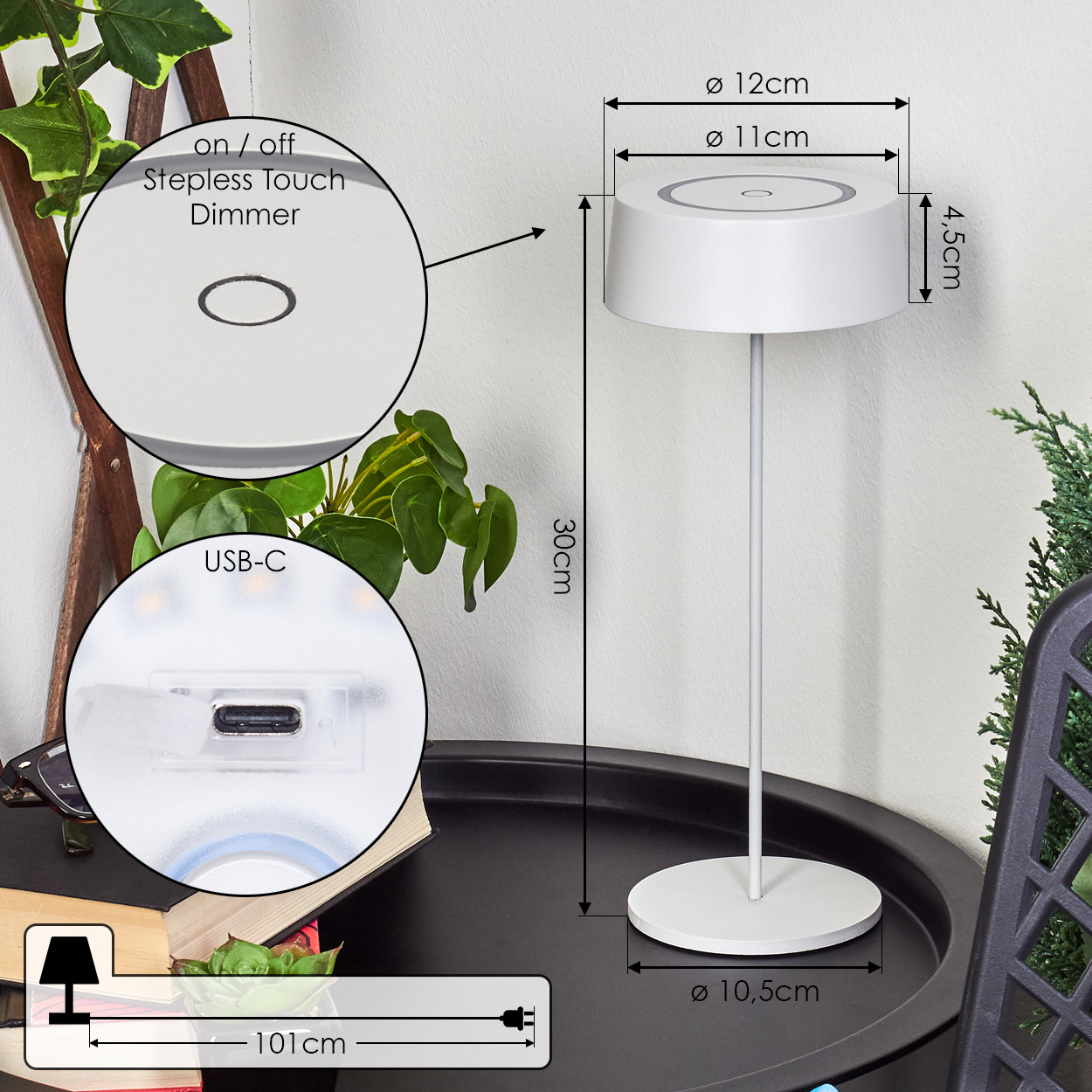 Weiße Tischlampe mit Touch-Dimmer, USB-C und Maßangaben.
