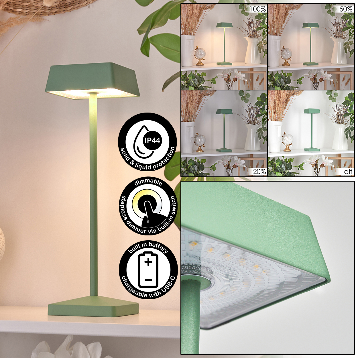 Grüne Lampe mit IP44, dimmbar, Akku, USB-C. Mehrere Helligkeitsstufen.