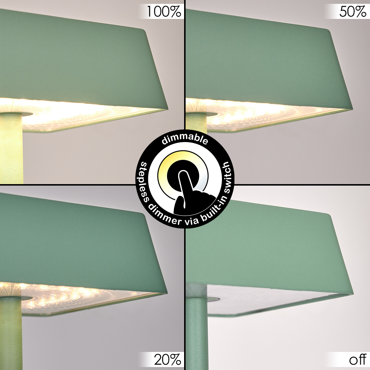 Lampe mit stufenlosem Dimmer in 4 Helligkeitsstufen: 100%, 50%, 20%, aus.