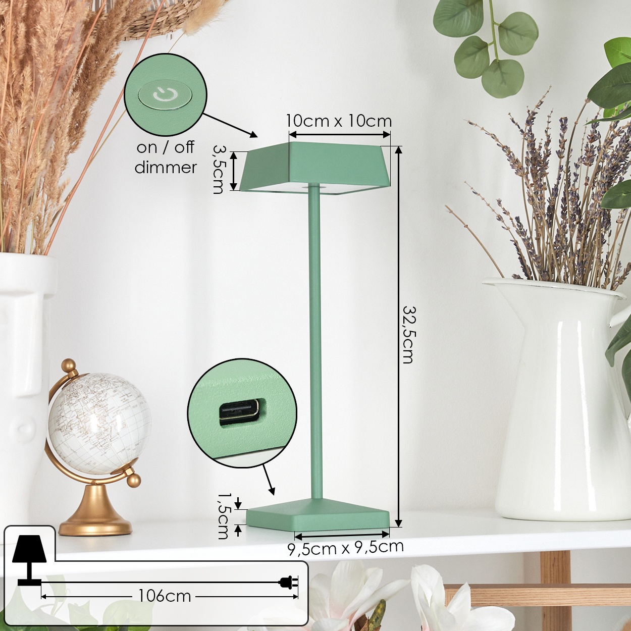 Grüne Lampe mit Maßen: 32,5cm hoch, 10x10cm Schirm, 9,5x9,5cm Basis.