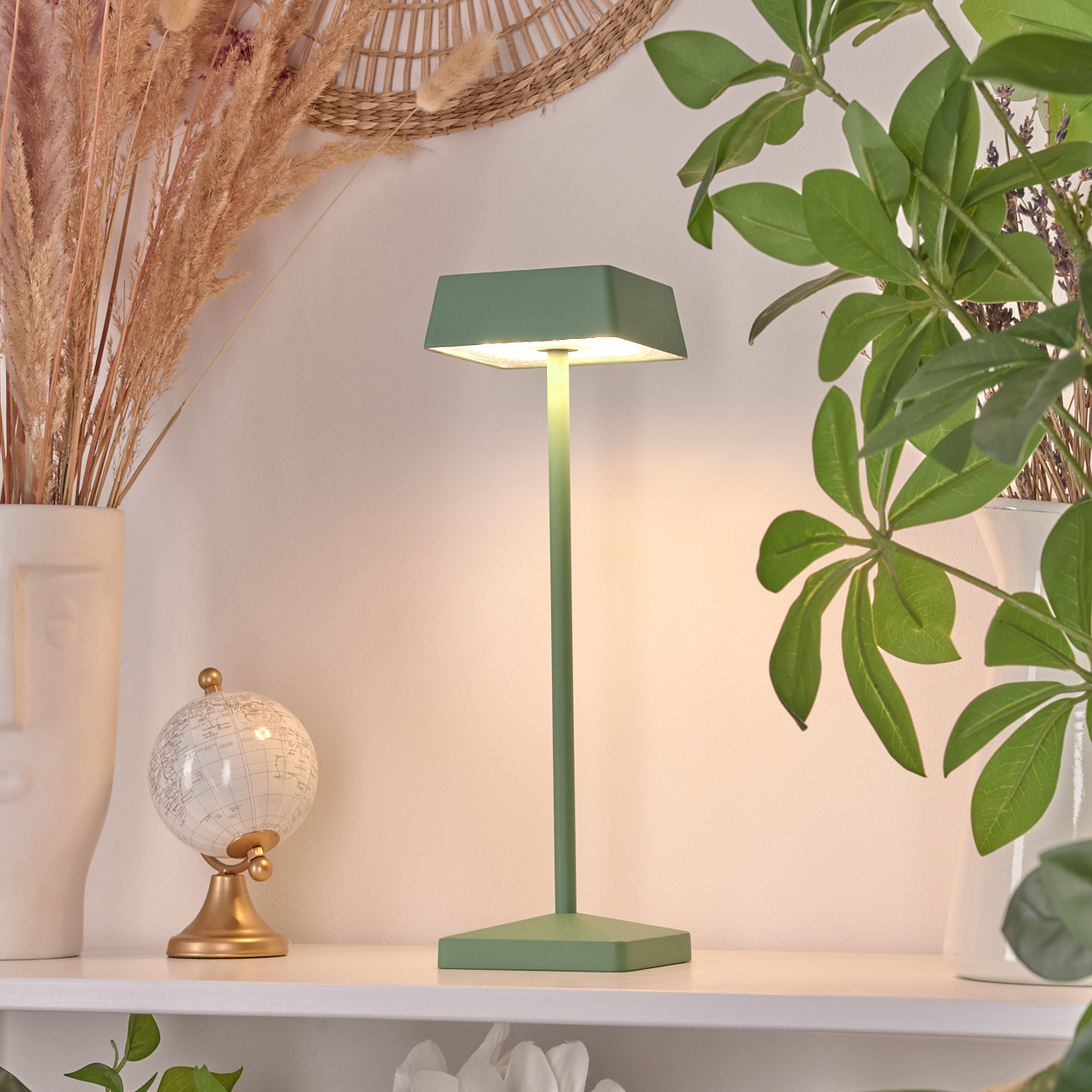 Grüne Lampe auf Regal mit kleinem Globus und Pflanzen.
