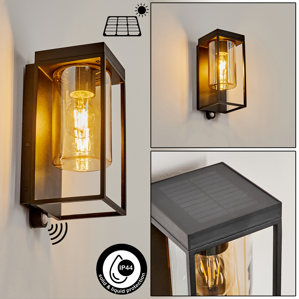 Moderne Solar-Wandleuchte mit Bewegungsmelder und Glaszylinder.