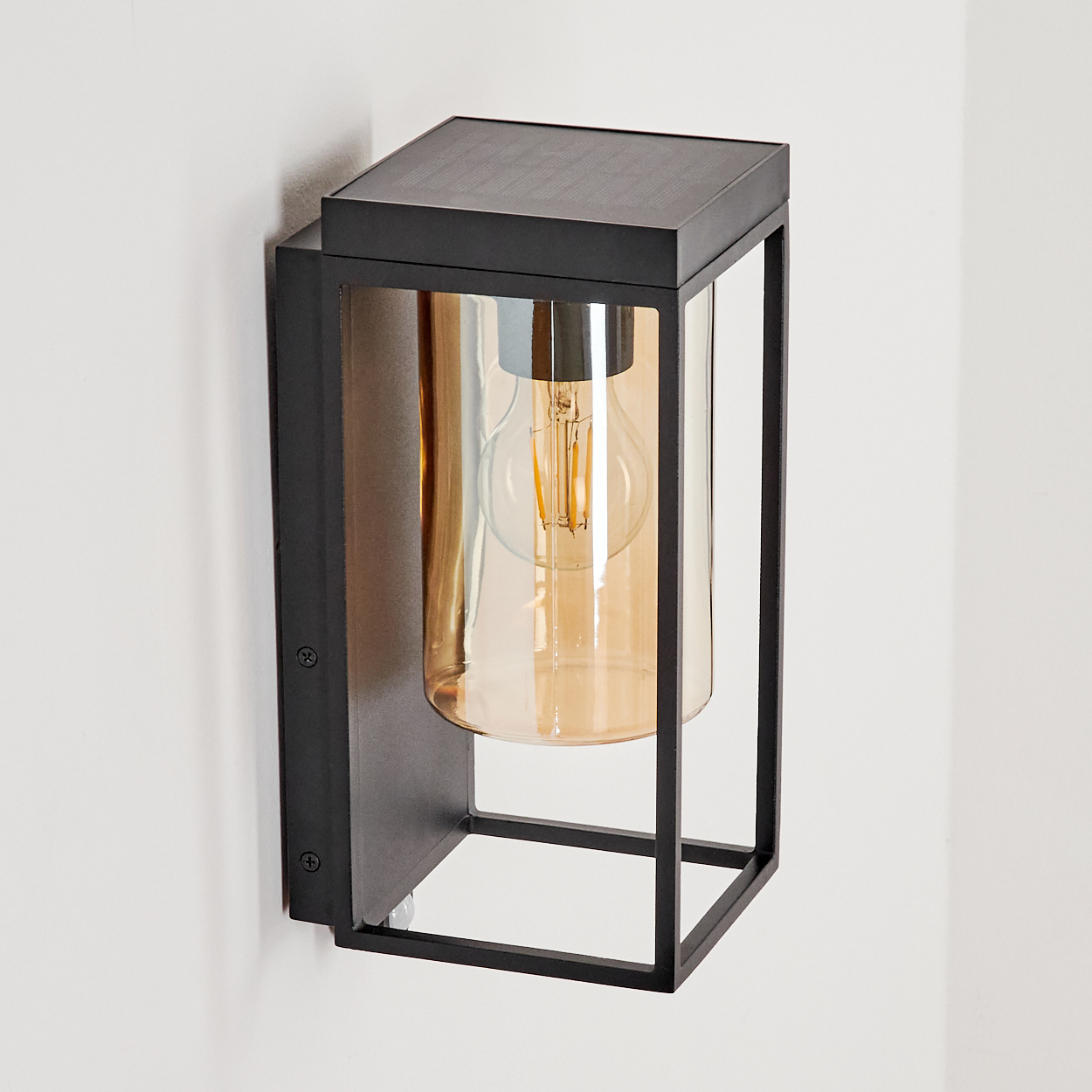 Eine moderne schwarze Außenwandleuchte mit gläsernem Zylinder und Edison-Glühbirne.