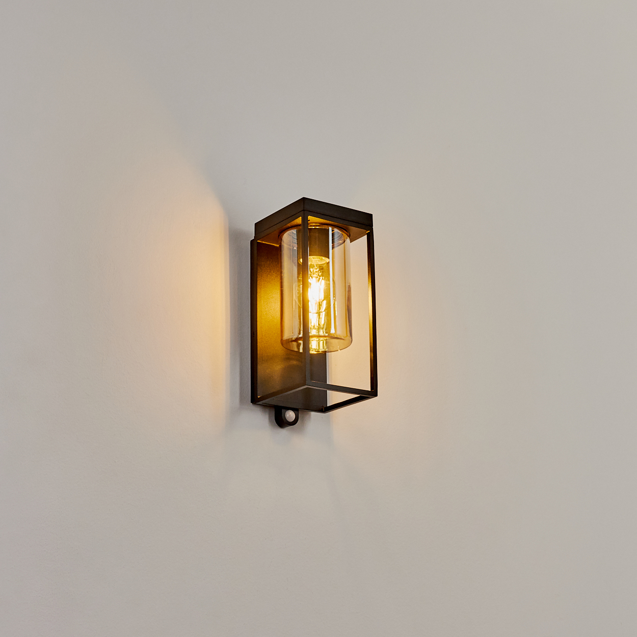 Eine moderne Wandleuchte mit schwarzem Rahmen und Glaskolben.