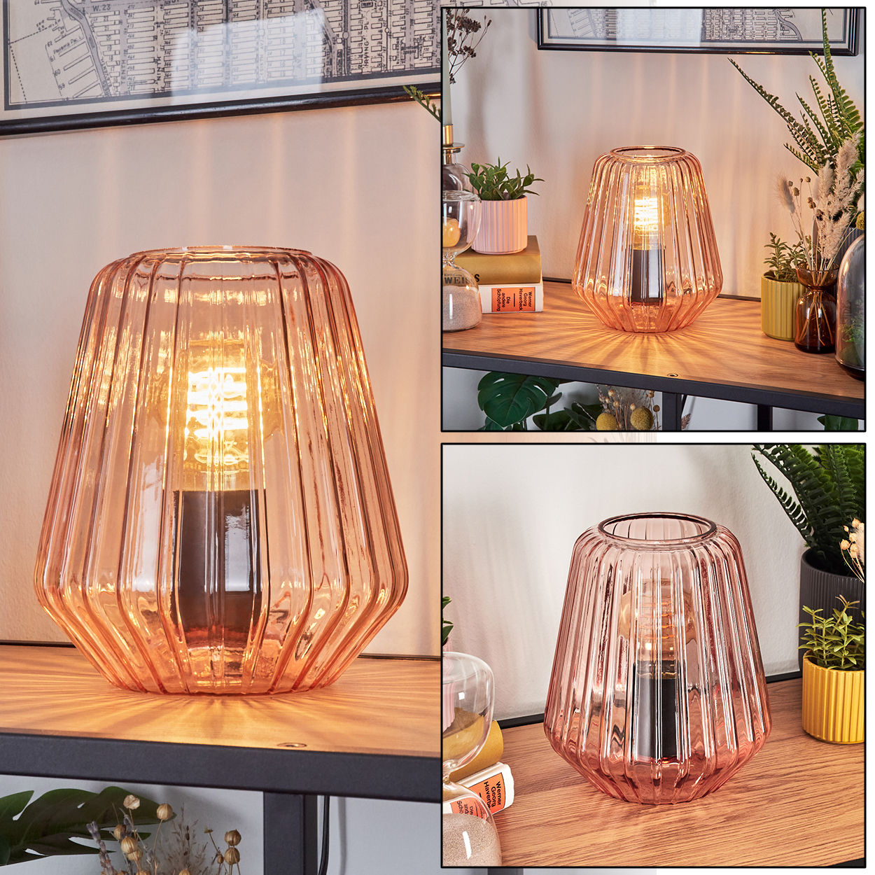 Eine rosafarbene Glaslampe mit geripptem Lampenschirm und sichtbarer Glühbirne.