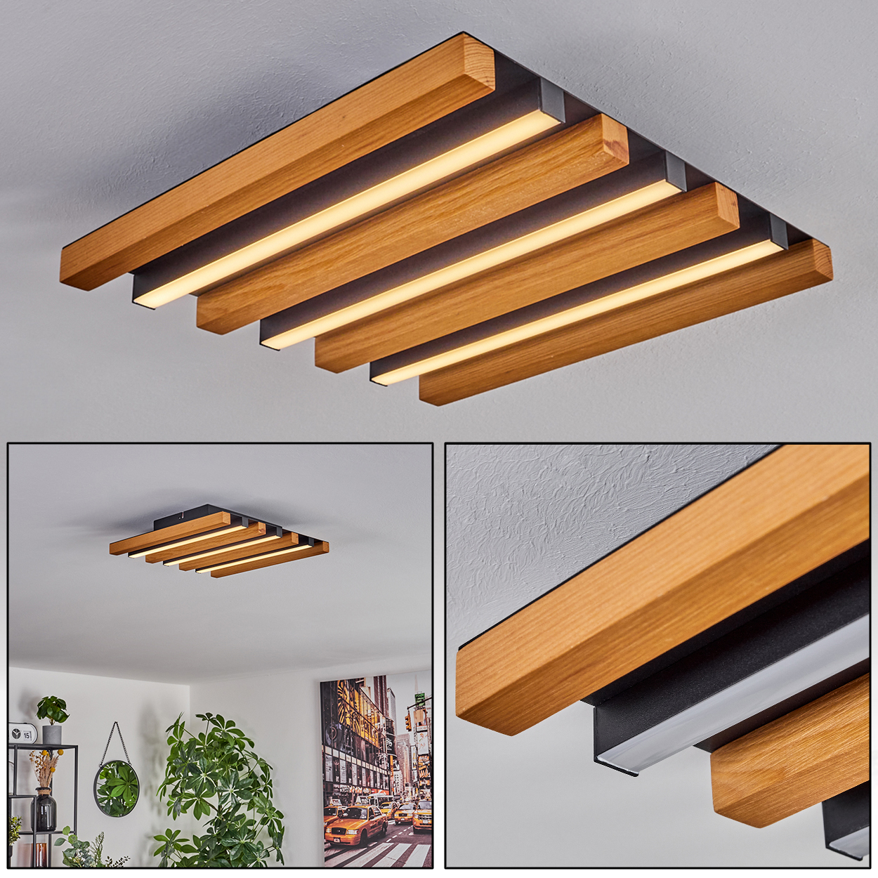 Moderne Deckenleuchte mit Holzlamellen und integrierten LED-Lichtern.