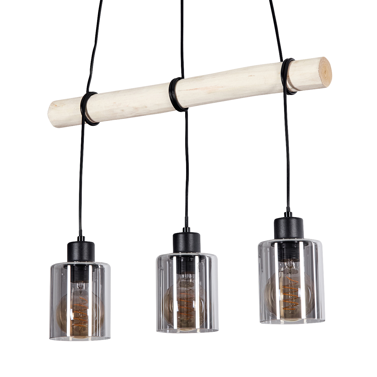 Hängeleuchte mit Holzstange und drei Glaszylindern mit Glühbirnen.