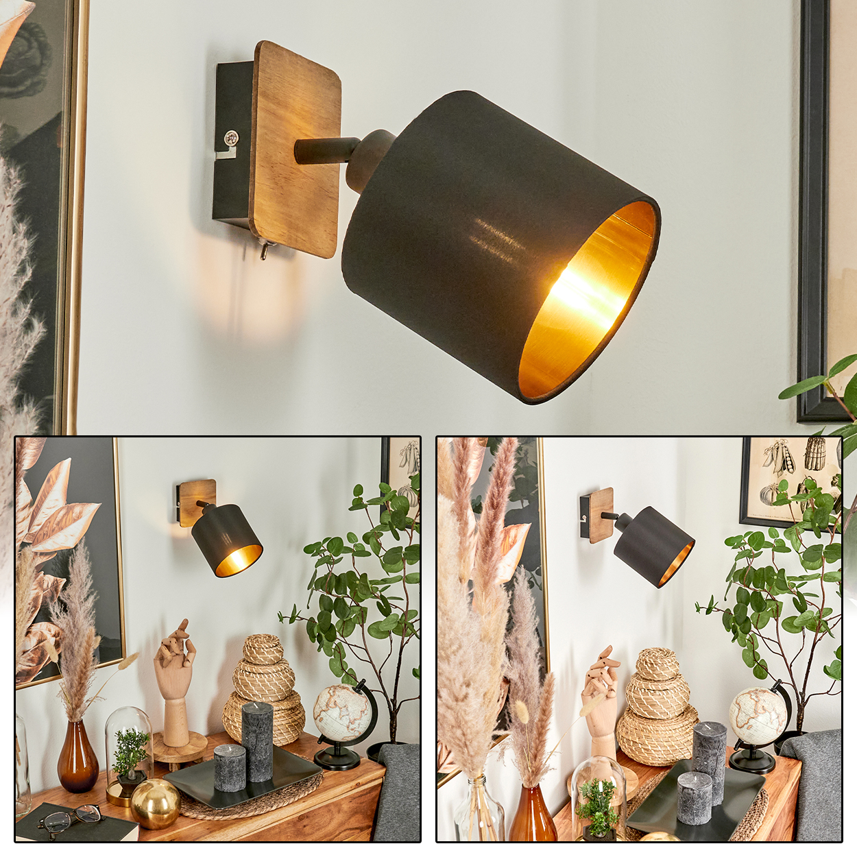 Schwarzer Wandstrahler mit Holzdetail und goldenem Innenschirm, leuchtend.