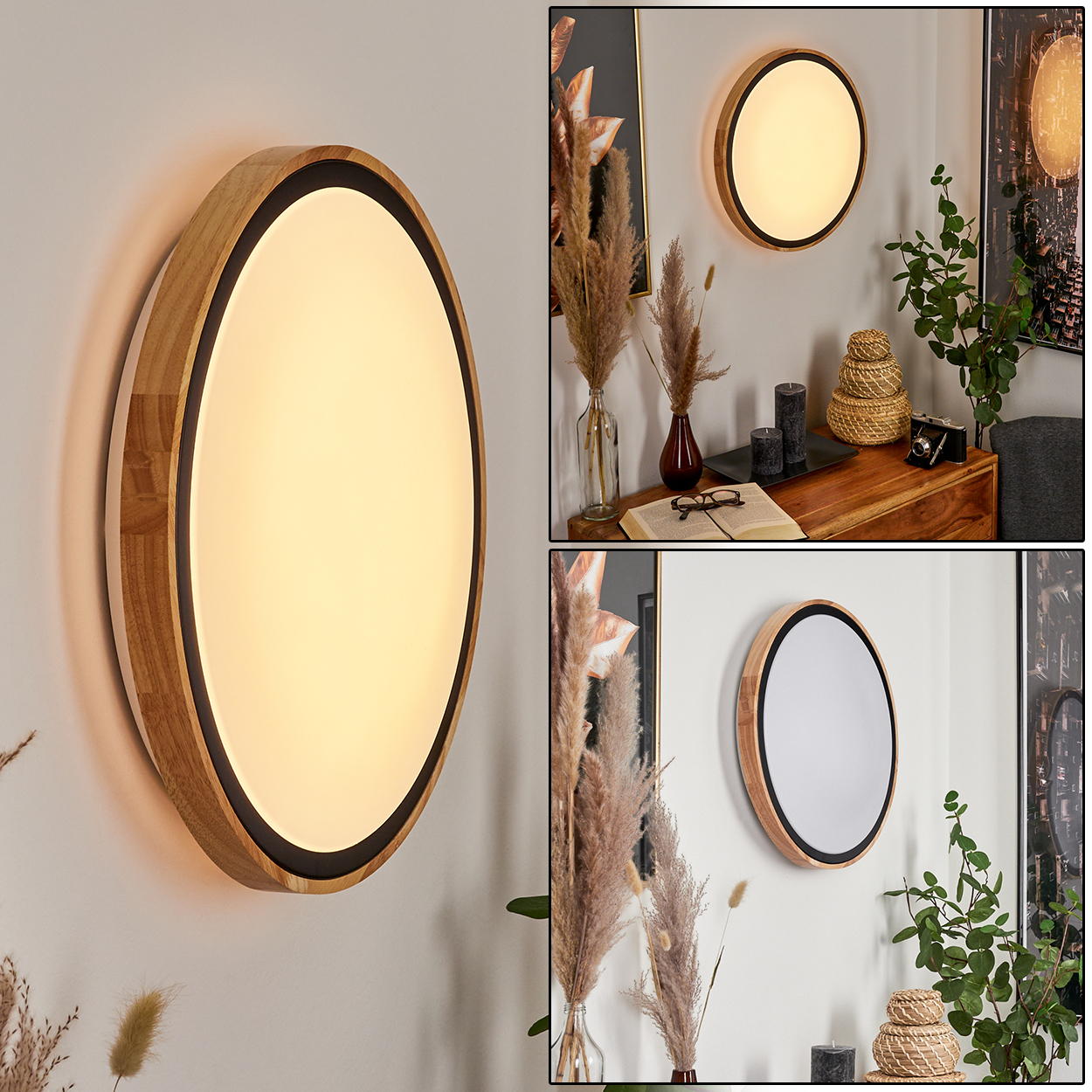 Runde Holz-Wandleuchte mit schwarzem Rand, beleuchtet.
