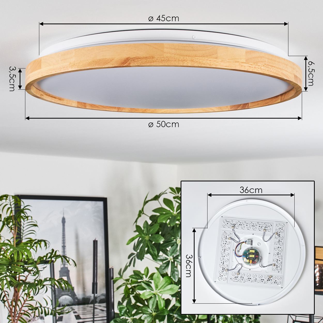 Runde Deckenleuchte mit Holzrand, 50cm Durchmesser. Innenleben sichtbar.