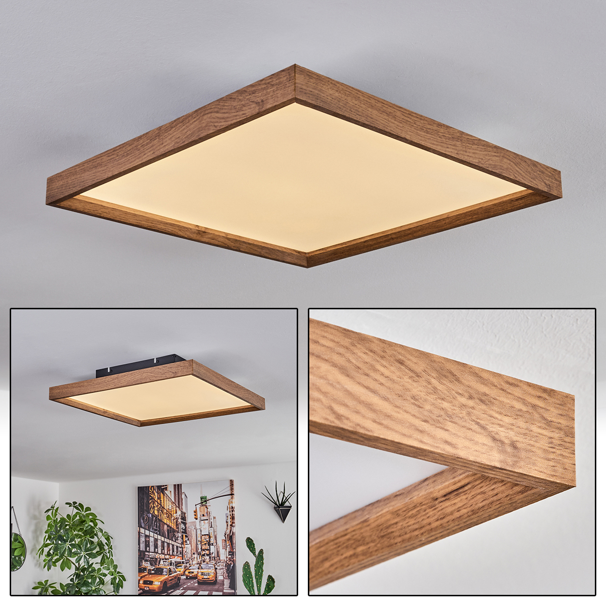 Moderne Deckenleuchte mit Holzrahmen und beleuchtetem Paneel.